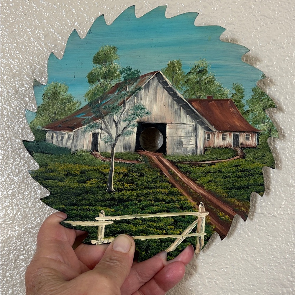 Vintage Hand-Painted Saw Blade with Farmhouse Scene